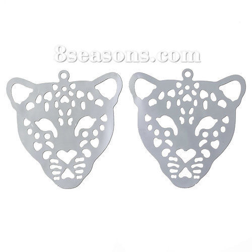 Picture of 304 Stainless Steel Filigree Stamping Pendants Leopard Animal Head Silver Tone Hollow 30mm(1 1/8") x 29mm(1 1/8"), 10 PCs