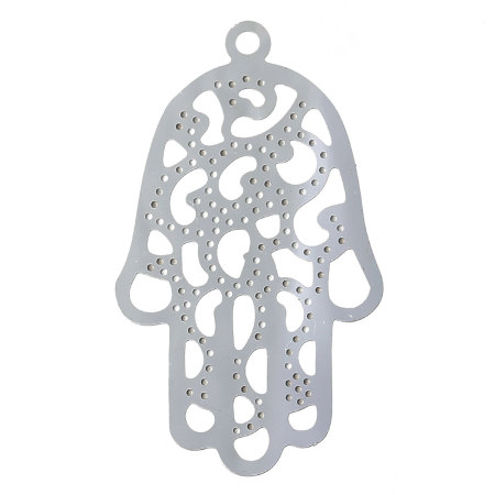 304 Stainless Steel Filigree Stamping Pendants Hamsa Symbol Hand Silver Tone Hollow 48mm(1 7/8") x 28mm(1 1/8"), 10 PCs