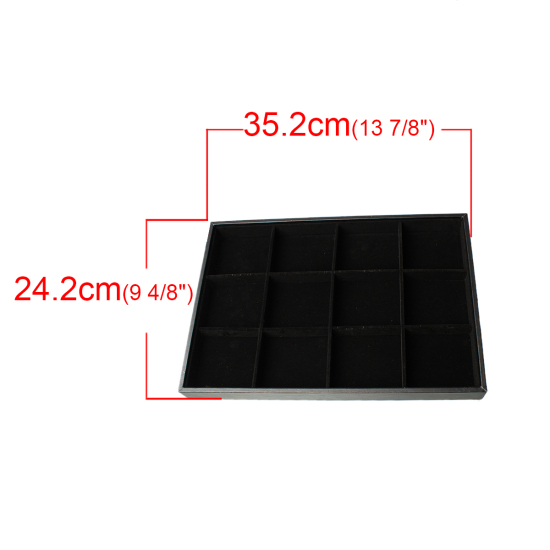 Picture of Velvet & Clad Plate Black Flocked 12 Compartment Ring Dish Jewelry Display Tray Insert Rectangle Detachable 35.2cm(13 7/8") x 24.2cm(9 4/8"), 1 Piece