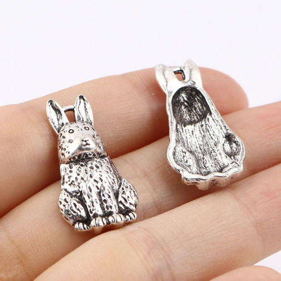 Immagine di Lega di Zinco Pasqua Charms Coniglio Argento Antico 26mm x 14mm , 10 Pz