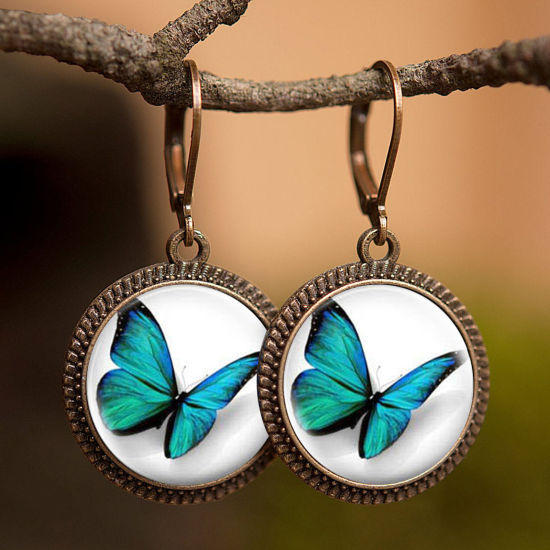 Picture of Brass & Glass Insect Hoop Earrings Bronzed White & Blue Round Butterfly 30mm, 1 Pair                                                                                                                                                                          
