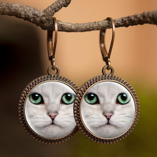 Picture of Brass & Glass Hoop Earrings Bronzed French Gray Round Cat 30mm, 1 Pair                                                                                                                                                                                        