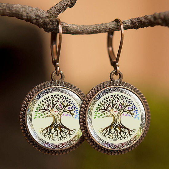 Picture of Brass & Glass Hoop Earrings Bronzed Multicolor Round Tree of Life 30mm, 1 Pair                                                                                                                                                                                
