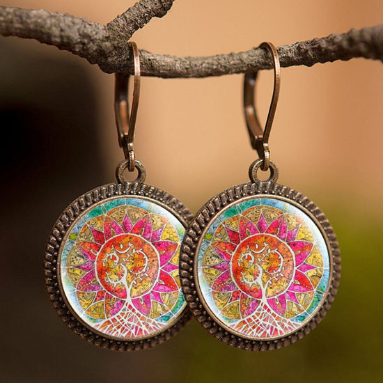 Picture of Brass & Glass Hoop Earrings Bronzed Multicolor Round Tree of Life 30mm, 1 Pair                                                                                                                                                                                