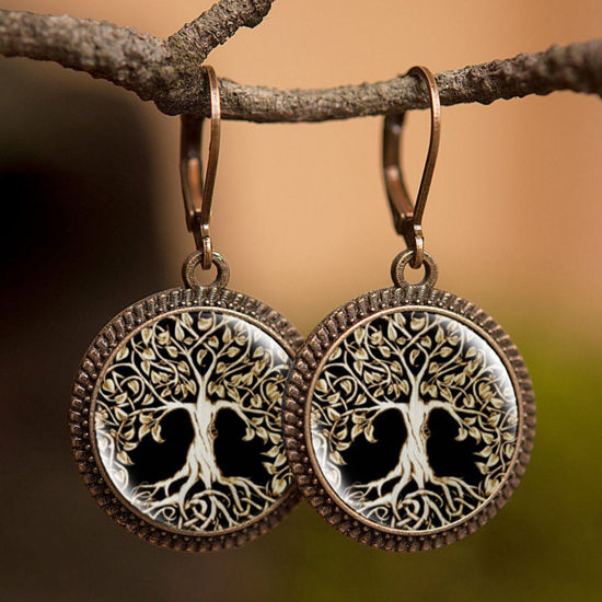 Picture of Brass & Glass Hoop Earrings Bronzed Black Round Tree of Life 30mm, 1 Pair                                                                                                                                                                                     