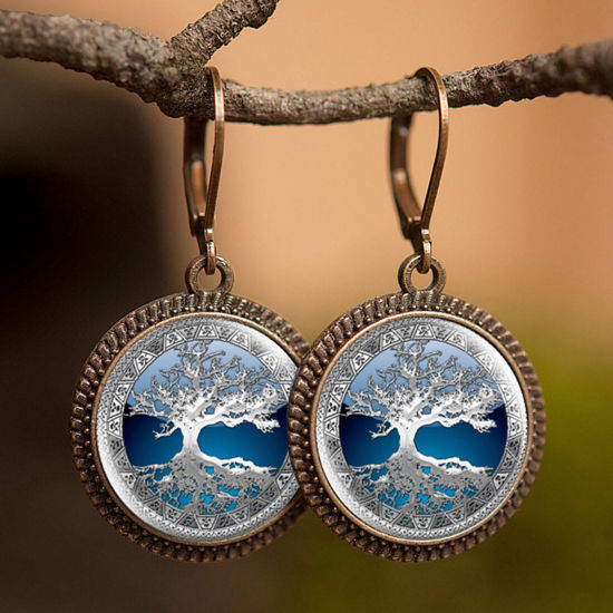 Picture of Brass & Glass Hoop Earrings Bronzed White & Blue Round Tree of Life 30mm, 1 Pair                                                                                                                                                                              
