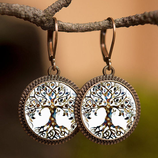 Picture of Brass & Glass Hoop Earrings Bronzed White & Brown Round Tree of Life 30mm, 1 Pair                                                                                                                                                                             