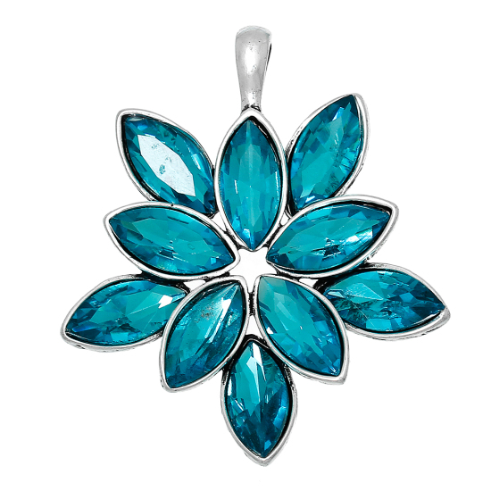 Picture of Zinc Metal Alloy Pendants Flower Antique Silver Color Peacock Blue Glass Cabochons 53mm(2 1/8") x 45mm(1 6/8"), 1 Piece