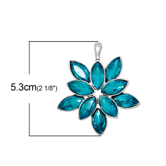 Picture of Zinc Metal Alloy Pendants Flower Antique Silver Color Peacock Blue Glass Cabochons 53mm(2 1/8") x 45mm(1 6/8"), 1 Piece