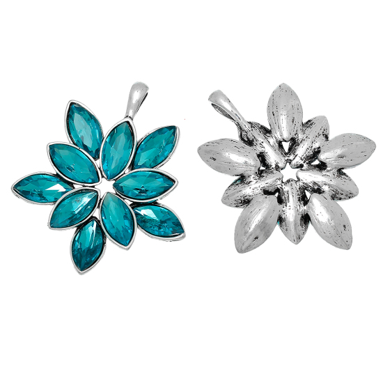 Picture of Zinc Metal Alloy Pendants Flower Antique Silver Color Peacock Blue Glass Cabochons 53mm(2 1/8") x 45mm(1 6/8"), 1 Piece