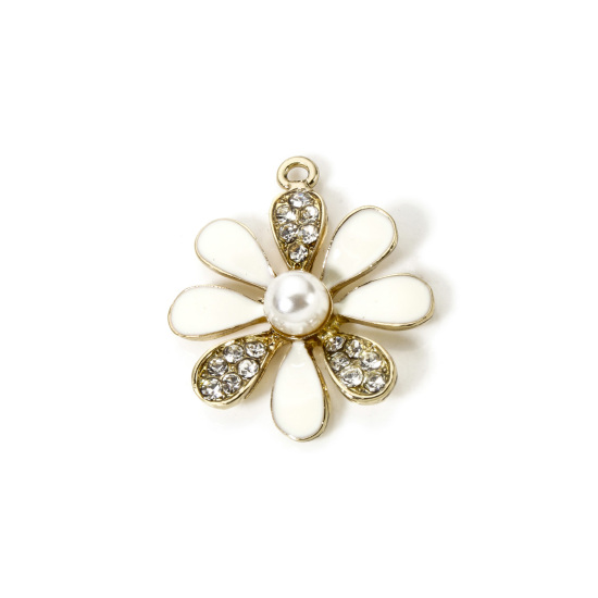 Image de Breloques en Alliage de Zinc Fleur Plaqué Or KC Blanc à Strass Transparent Perle Imitation Acrylique 24mm x 24mm, 1 Pièce