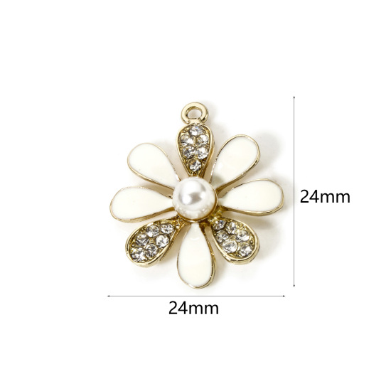 Image de Breloques en Alliage de Zinc Fleur Plaqué Or KC Blanc à Strass Transparent Perle Imitation Acrylique 24mm x 24mm, 1 Pièce