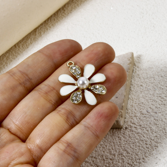 Image de Breloques en Alliage de Zinc Fleur Plaqué Or KC Blanc à Strass Transparent Perle Imitation Acrylique 24mm x 24mm, 1 Pièce