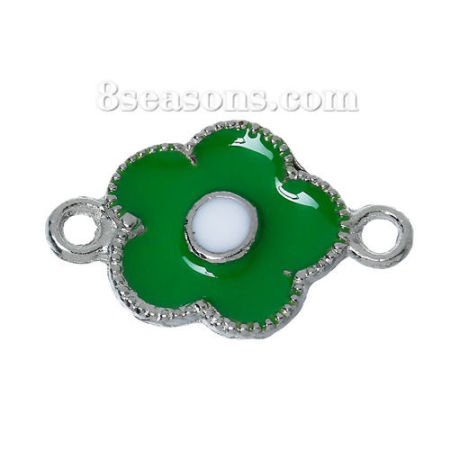 Bild von Zinklegierung Verbinder Blumen Silberfarbe Grün Emaille, 20mm x 13mm, 10 Stücke