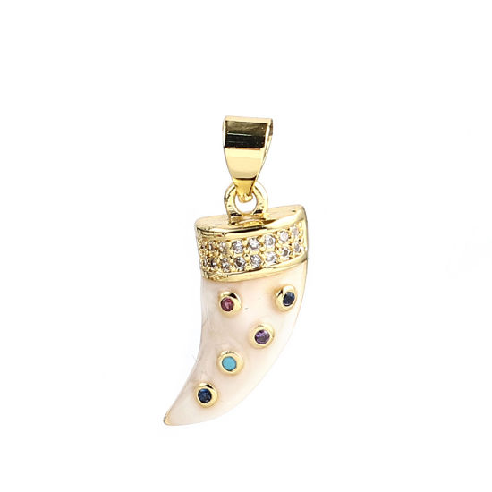 Immagine di 1 Pz Ottone Micro Intarsio Ciondoli Pendenti Oro Placcato Bianco Forma di Corno Multicolore Strass 21mm x 9mm