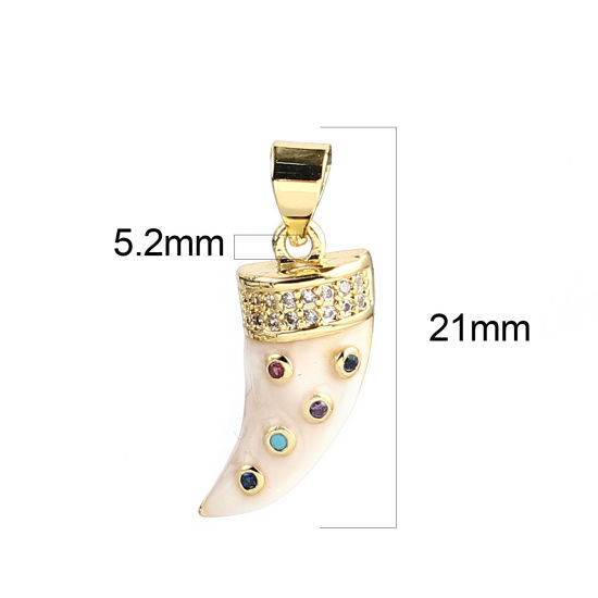 Immagine di 1 Pz Ottone Micro Intarsio Ciondoli Pendenti Oro Placcato Bianco Forma di Corno Multicolore Strass 21mm x 9mm