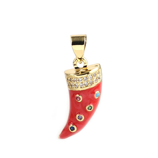 Immagine di 1 Pz Ottone Micro Intarsio Ciondoli Pendenti Oro Placcato Rosso Forma di Corno Multicolore Strass 21mm x 9mm