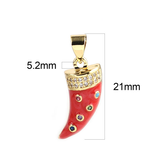 Immagine di 1 Pz Ottone Micro Intarsio Ciondoli Pendenti Oro Placcato Rosso Forma di Corno Multicolore Strass 21mm x 9mm