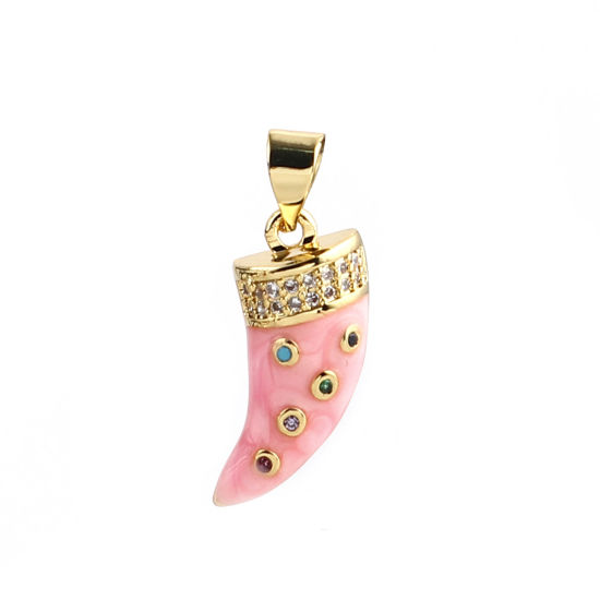 Immagine di 1 Pz Ottone Micro Intarsio Ciondoli Pendenti Oro Placcato Rosa Forma di Corno Multicolore Strass 21mm x 9mm