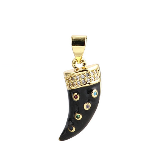 Immagine di 1 Pz Ottone Micro Intarsio Ciondoli Pendenti Oro Placcato Nero Forma di Corno Multicolore Strass 21mm x 9mm