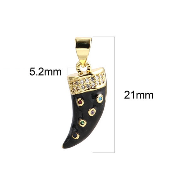 Immagine di 1 Pz Ottone Micro Intarsio Ciondoli Pendenti Oro Placcato Nero Forma di Corno Multicolore Strass 21mm x 9mm