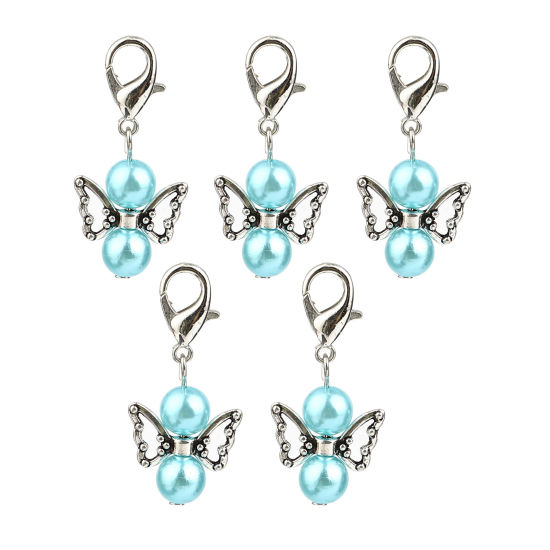 Picture of Zinc Based Alloy Insect Knitting Stitch Markers Angel Antique Silver Color Blue 38mm x 18mm, 5 PCs