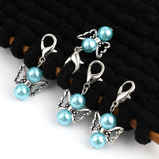 Picture of Zinc Based Alloy Insect Knitting Stitch Markers Angel Antique Silver Color Blue 38mm x 18mm, 5 PCs