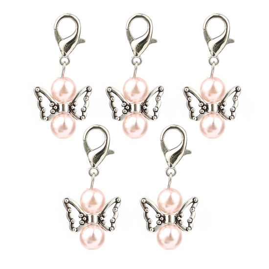 Picture of Zinc Based Alloy Insect Knitting Stitch Markers Angel Antique Silver Color Light Pink 38mm x 18mm, 5 PCs