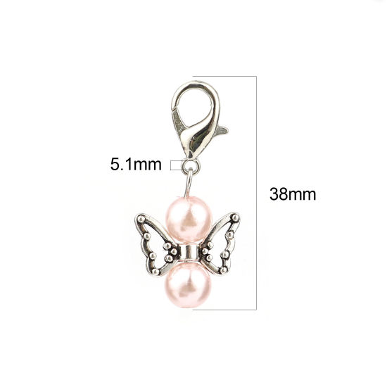 Picture of Zinc Based Alloy Insect Knitting Stitch Markers Angel Antique Silver Color Light Pink 38mm x 18mm, 5 PCs