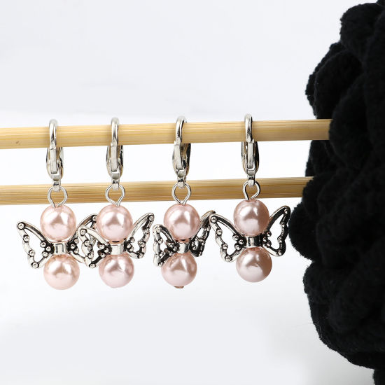 Picture of Zinc Based Alloy Insect Knitting Stitch Markers Angel Antique Silver Color Light Pink 38mm x 18mm, 5 PCs