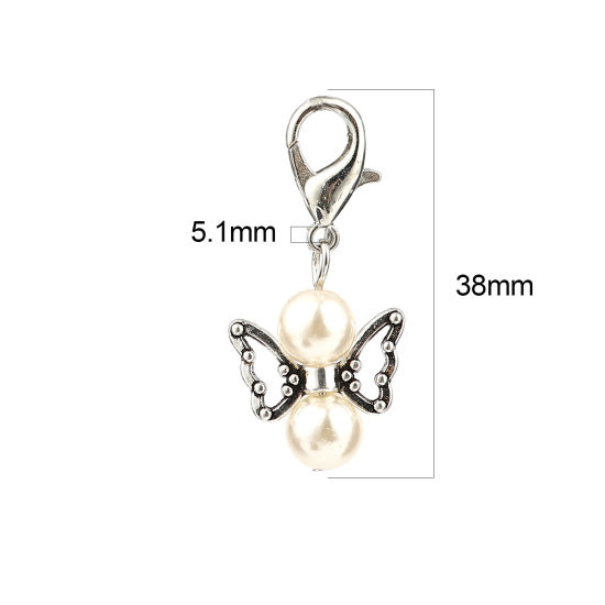 Picture of Zinc Based Alloy Insect Knitting Stitch Markers Angel Antique Silver Color Creamy-White 38mm x 18mm, 5 PCs