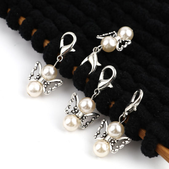 Picture of Zinc Based Alloy Insect Knitting Stitch Markers Angel Antique Silver Color Creamy-White 38mm x 18mm, 5 PCs