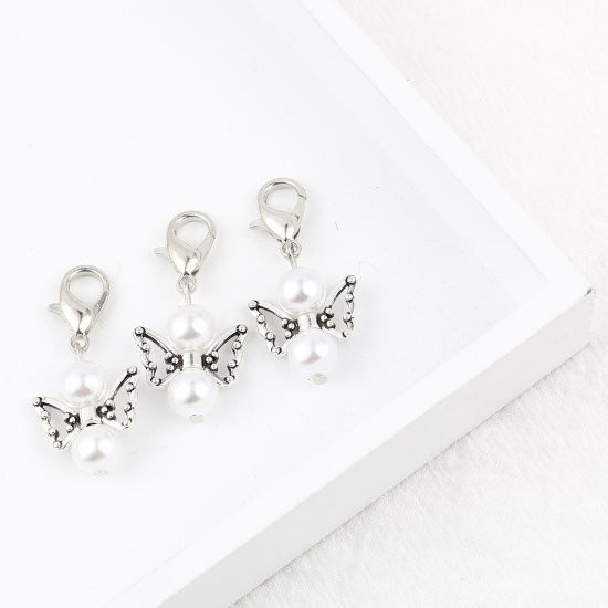 Picture of Zinc Based Alloy Insect Knitting Stitch Markers Angel Antique Silver Color White 38mm x 18mm, 5 PCs