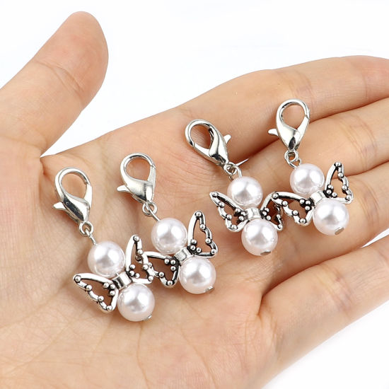 Picture of Zinc Based Alloy Insect Knitting Stitch Markers Angel Antique Silver Color White 38mm x 18mm, 5 PCs