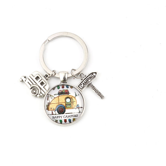 Picture of Keychain & Keyring Antique Silver Color Yellow Round Car Message " CAMPING " 63mm, 5 PCs