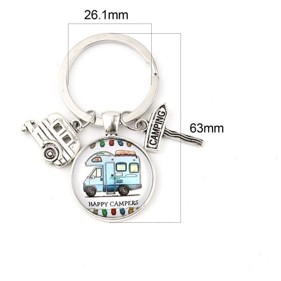 Picture of Keychain & Keyring Antique Silver Color Blue Round Car Message " CAMPING " 63mm, 5 PCs