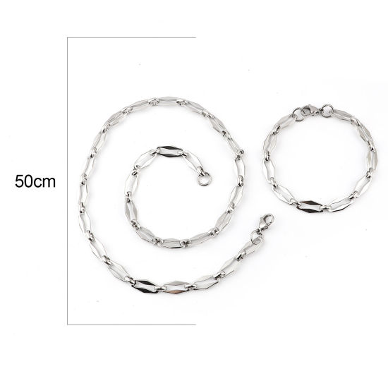 Image de Kit Collier Bracelet en 304 Acier Inoxydable Argent Mat Ovale 50cm Long, 19cm Long, 1 Kit 2 Pcs/Kit)