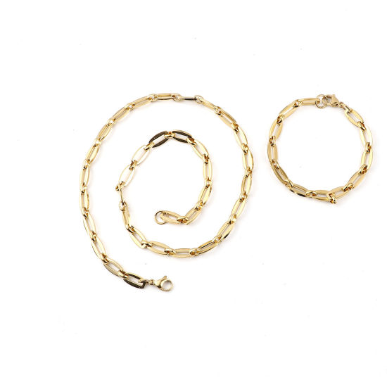 Image de 1 Kit 2 Pcs/Kit) Kit Collier Bracelet en 304 Acier Inoxydable Placage sous Vide Doré Tonneau 50.8cm Long, 19cm Long
