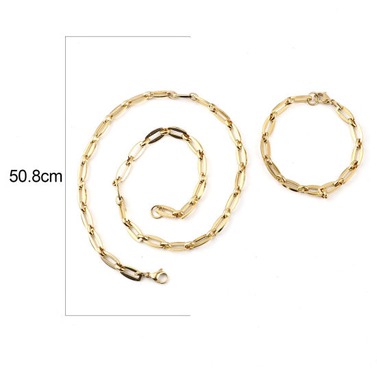 Image de 1 Kit 2 Pcs/Kit) Kit Collier Bracelet en 304 Acier Inoxydable Placage sous Vide Doré Tonneau 50.8cm Long, 19cm Long