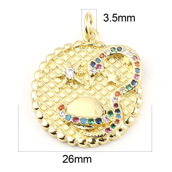 Immagine di Ottone Galassia Charms Oro Placcato Pianeta Tondo Micro Spianare Multicolore Strass 26mm x 20mm, 1 Pz