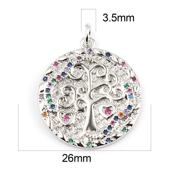 Immagine di Ottone Charms Tono Argento Tondo Albero Multicolore Strass 26mm x 20mm, 1 Pz