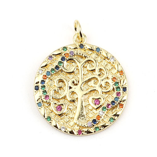 Immagine di Ottone Charms Oro Placcato Tondo Albero Multicolore Strass 26mm x 20mm, 1 Pz