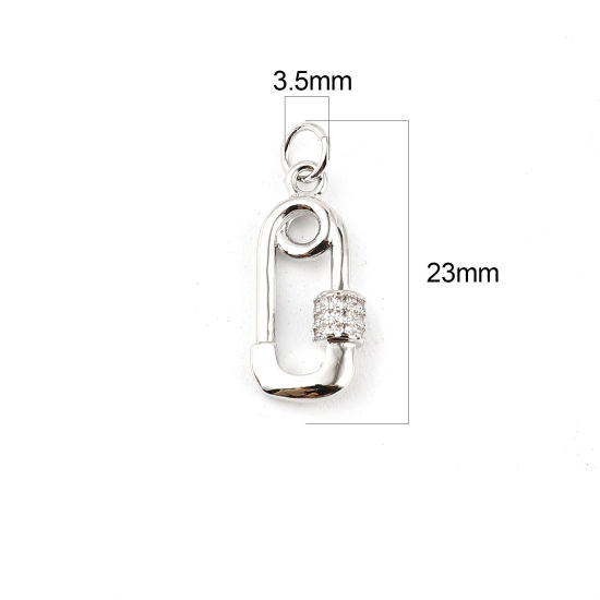 Picture of Brass Micro Pave Charms Silver Tone Pin Clear Rhinestone 23mm x 9mm, 2 PCs                                                                                                                                                                                    