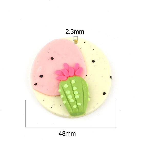Image de Pendentifs en Pâte Polymère Forme Rond Rose Clair Cactus 34mm Dia, 2 Pcs
