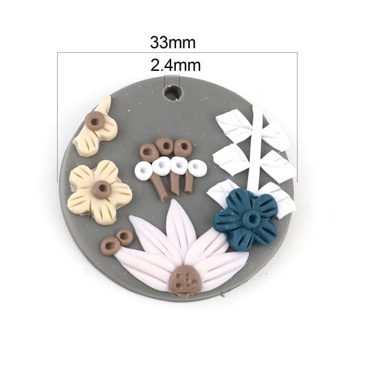 Bild von Polymer Ton Anhänger Rund Bunt mit Blumen Muster, 3.3cm D., 2 Stück