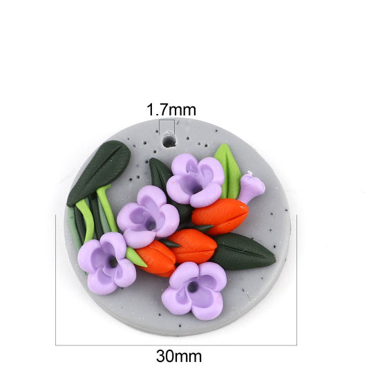 Bild von Polymer Ton Anhänger Rund Lila mit Blumen Muster, 30mm D., 2 Stück