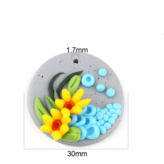 Bild von Polymer Ton Anhänger Rund Gelb & Blau mit Blumen Muster, 30mm D., 2 Stück