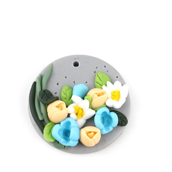 Bild von Polymer Ton Anhänger Rund Bunt mit Blumen Muster, 30mm D., 2 Stück