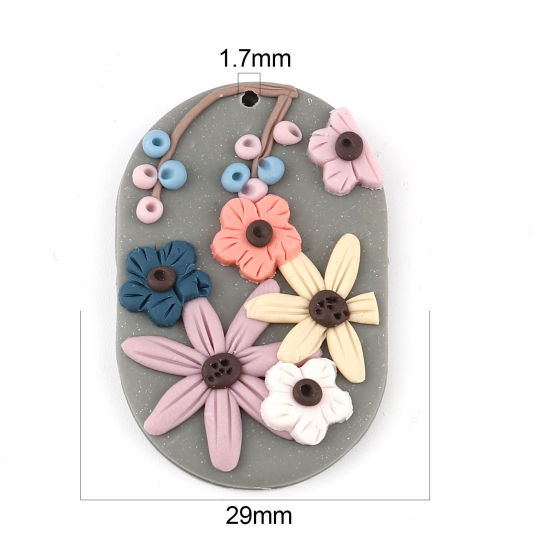Bild von Polymer Ton Anhänger Oval Bunt mit Blumen Muster, 45mm x 29mm, 2 Stück