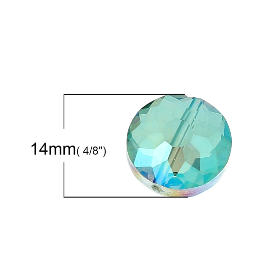 Picture of Glass Loose Beads Flat Round Green AB Rainbow Color Aurora Borealis Transparent Faceted About 14mm Dia, Hole: Approx 1.4mm, 20 PCs